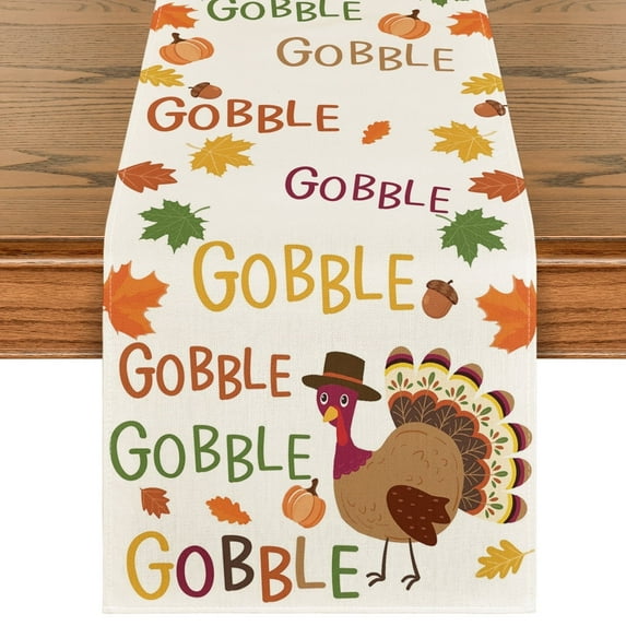 Smile Gobble Turkey Maple Leaves Thanksgiving Table Runner 13 x 72 Inch