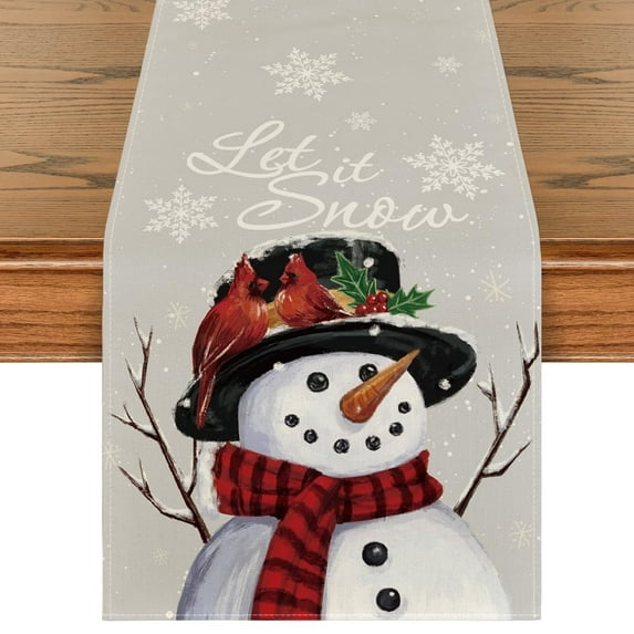 Smile Grey Snowman Let It Snow Winter Table Runner, Seasonal Christmas Kitchen Dining Table Decoration for Home Party Indoor 13x72 Inch