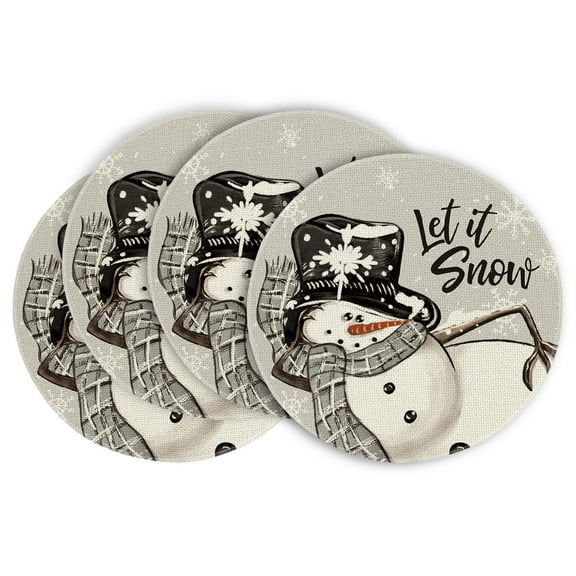 Smile Grey Snowman Snowflake Let it Snow Christmas Placemats Set of 4, 15 Inch Seasonal Winter Xmas Round Table Mats for Dining Decoration