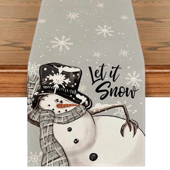 Smile Grey Snowman Snowflake Let it Snow Christmas Table Runner, Seasonal Winter Kitchen Dining Table Decor for Home Party Indoor 13x36 Inch
