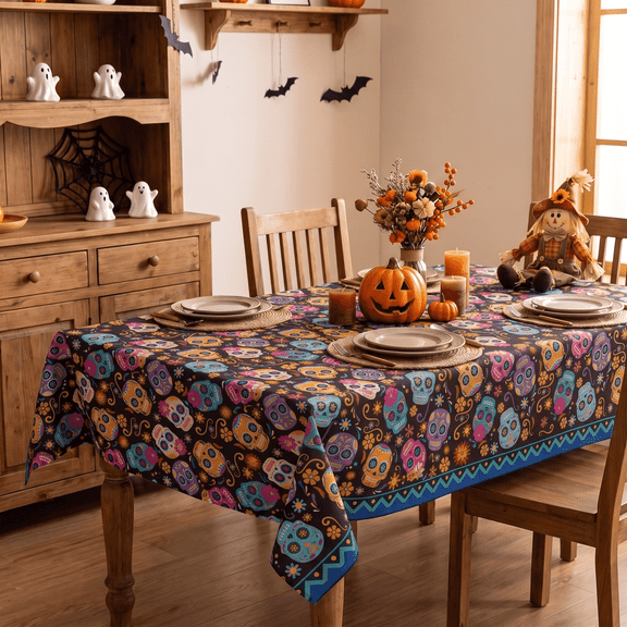 Sm:)e Halloween Tablecloth 60 x 84 Inch Rectangular, Dia de Muertos Mexico Day of The Dead Sugar Skulls Flower Washable Table Cover for Party Picnic Dinner Decor