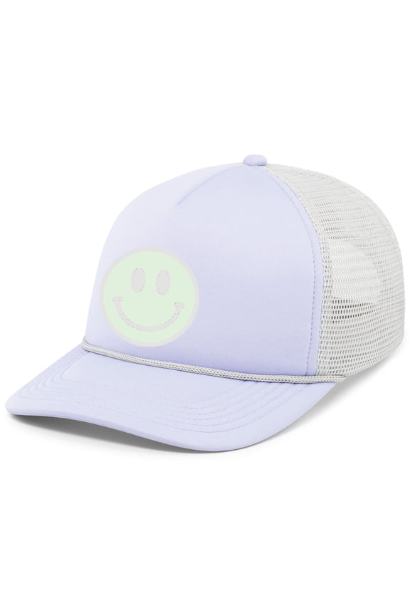 Smile Happy Face Embroidered Foam Front Trucker Rope Hat Mesh Back Baseball Cap, Lavender/Silver