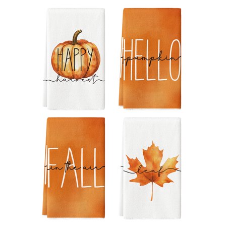Sm:)e Happy Harvest Hello Fall Thanksgiving Pumpkin Maple Leaf Autumn Kitchen Dish Towels Set of 4, 18 x 26 Inch, Orange