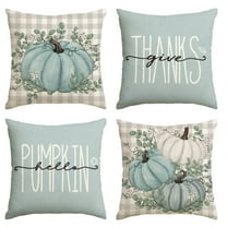 Sm:)e Thanksgiving Blue Pumpkin Give Thanks Eucalyptus Leaf Fall Throw Pillow Covers 18 x 18 Set of 4
