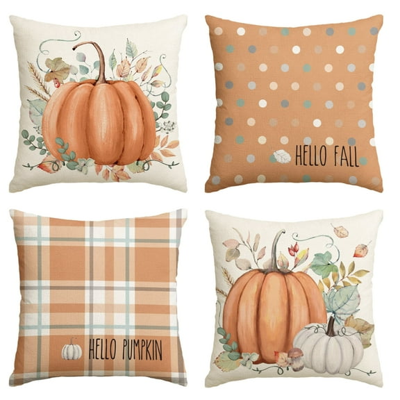 Sm:)e Hello Fall Hello Pumpkin Throw Pillow Covers, 18 x 18 Inch Autumn Thanksgiving Harvest Orange Eucalyptus Decorations for Sofa Couch Set of 4