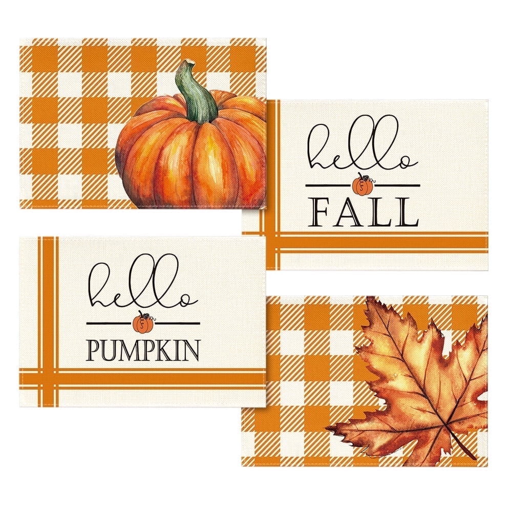 Artoid Mode Fall Pumpkin Placemats Set Of 4 - 12x18 Inch Washable Vinyl Table Mats For Thanksgiving