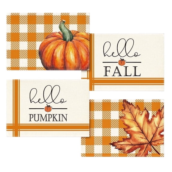 Smile Hello Fall Pumpkin Maple Leaves Placemats for Dining Table, 12 x 18 Inch Orange Buffalo Plaid Harvest Table Mats Set of 4 for Party Dining Decoration