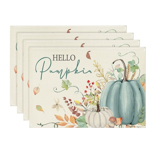 Smile Hello Pumpkin Floral Maple Leaves Fall Placemats 12 x 18 Set of 4 Blue