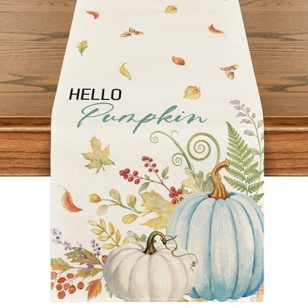 Smile Hello Pumpkin Floral Maple Leaves Fall Table Runner 13 x 108 Blue