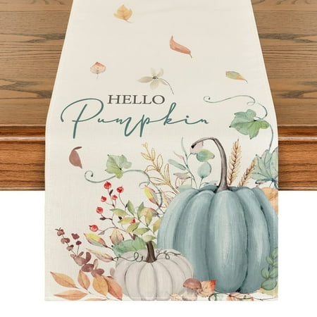 Smile Hello Pumpkin Floral Maple Leaves Fall Table Runner 13 x 48 Blue