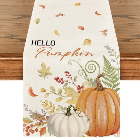 Smile Hello Pumpkin Floral Maple Leaves Fall Table Runner 13 x 48 Orange