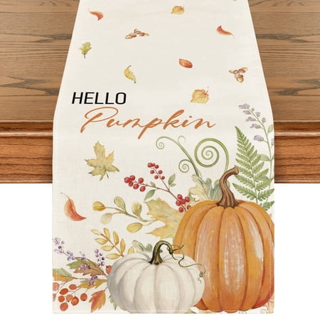 Smile Hello Pumpkin Floral Maple Leaves Fall Thanksgiving Table Runner 13 x 72 Inch, Orange