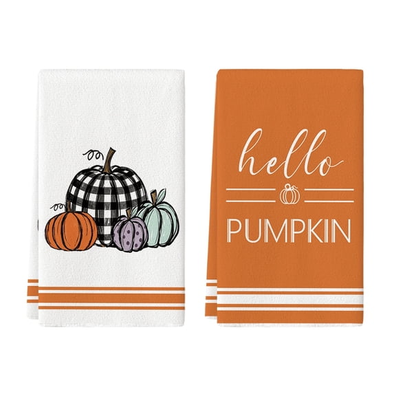 Sm:)e Hello Pumpkin Orange Thanksgiving Kitchen Dish Towels 18x26 Inch Set of 2