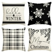 Sm:)e Hello Winter Merry Christmas Pillow Covers 18 x 18 Set of 4 Square Xmas Decorative Farmhouse Outdoor Pillow Case
