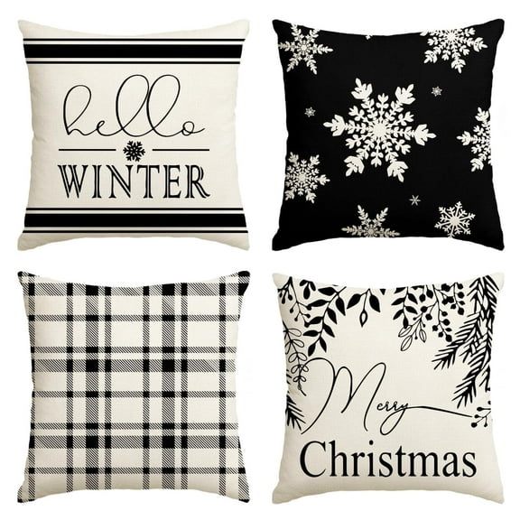 Sm:)e Hello Winter Merry Christmas Pillow Covers 18 x 18 Set of 4 Square Xmas Decorative Farmhouse Outdoor Pillow Case
