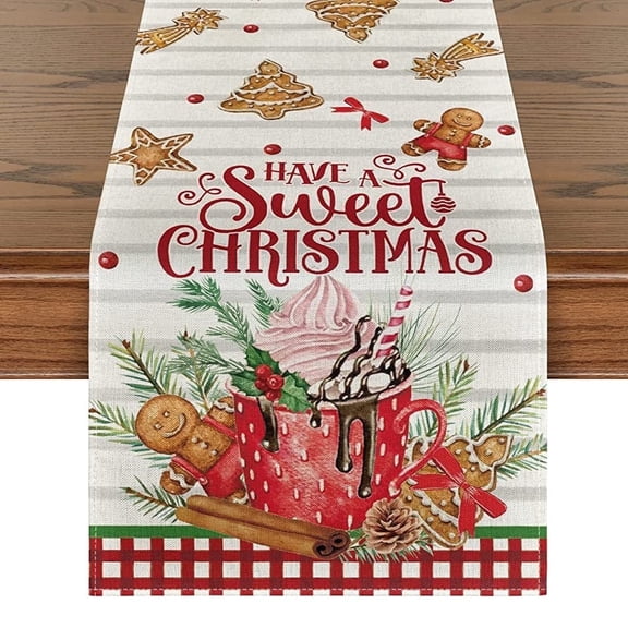 Smile Ice Cream Gingerbread Sweet Christmas Table Runner, Seasonal Winter Kitchen Dining Table Decoration for Home Party Indoor 13x48 Inch