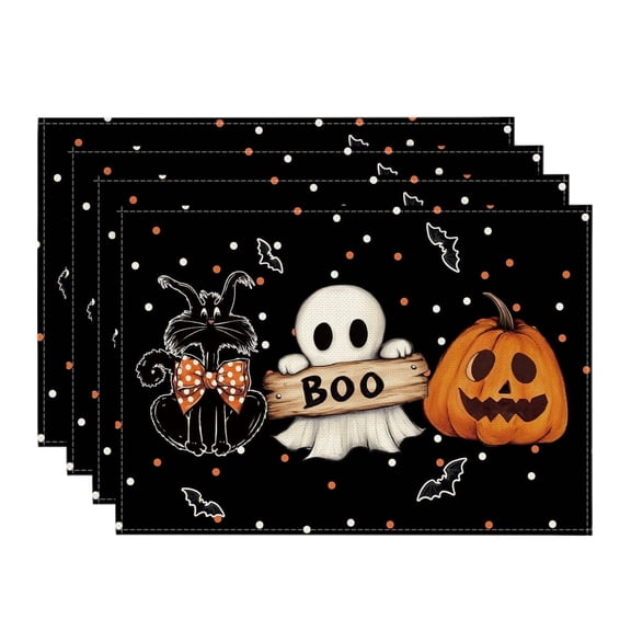 Smile Jack O Lantern Black Cat Boo Ghost Halloween Placemats Set of 4