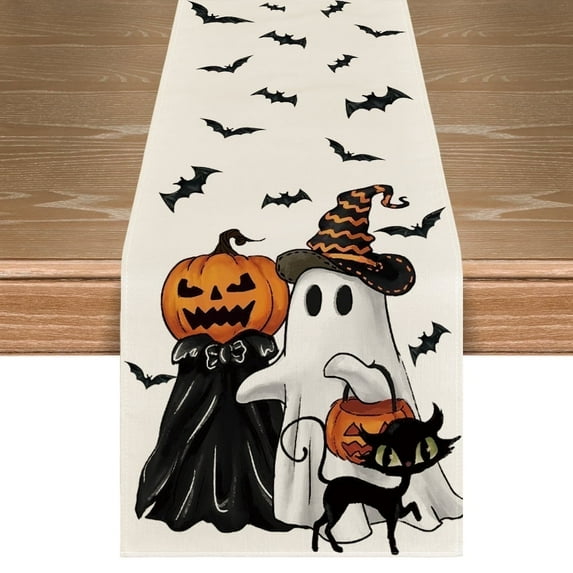 Smile Jack O Lantern Black Cat Ghost Bat Halloween Table Runner 13 x 72 Inch