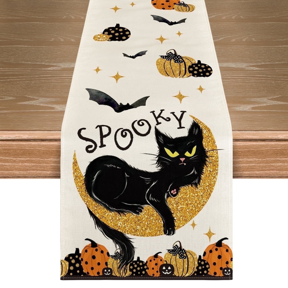 Smile Jack-O'-Lantern Black Cat Spooky Pumpkin Halloween Table Runner ...