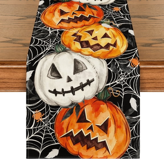 Smile Jack O Lantern Pumpkin Ghost Spider Halloween Table Runner Black 13 x 72 Inch