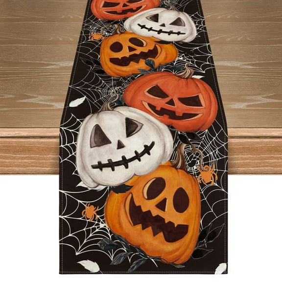 Smile Jack O Lantern Pumpkin Ghost Spider Halloween Table Runner Black 13 x 72 Inch
