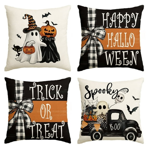 Sm:)e Jack-O'-Lantern Trick or Treat Ghost Black Cat Spider Web Halloween Throw Pillow Cover 18 x 18 Inch Decorative Outdoor Cushion Covers Set of 4