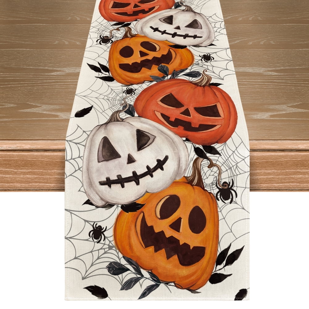 Halloween Table Runner 13x72 Inch - White Jack-O-Lantern Pumpkin Spiderweb Scary Decor