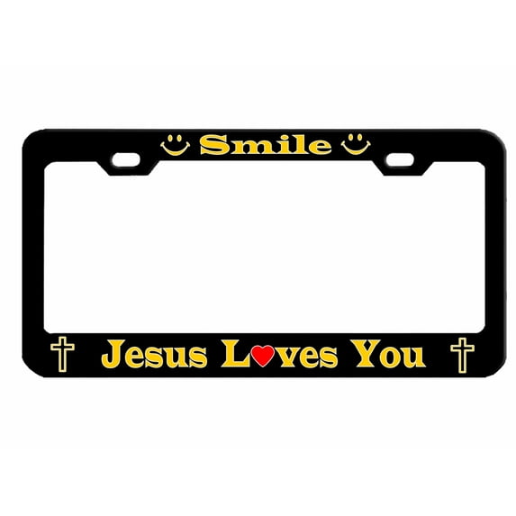Smile Jesus Loves You Christian Jesus Cross Religious Faith Heavy Duty Metal License Plate Frame Personalise/Car Accessories Car Tag Holder Cover/Carbon (blk/Yellow)