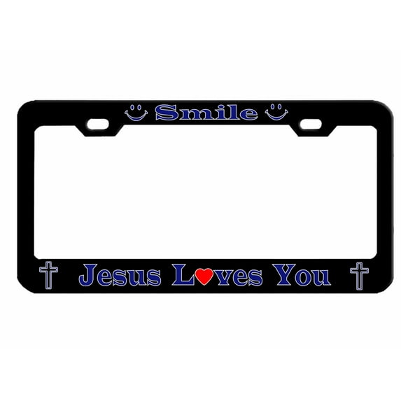 Smile Jesus Loves You Christian Jesus Cross Religious Faith Heavy Duty Metal License Plate Frame Personalise/Car Accessories Car Tag Holder Cover/Carbon (blk/Dark Blue)
