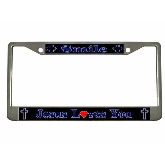 Smile Jesus Loves You Christian Jesus Cross Religious Faith Heavy Duty Metal License Plate Frame Personalise/Car Accessories Car Tag Holder Cover (Chrome/blk/Dark Blue)