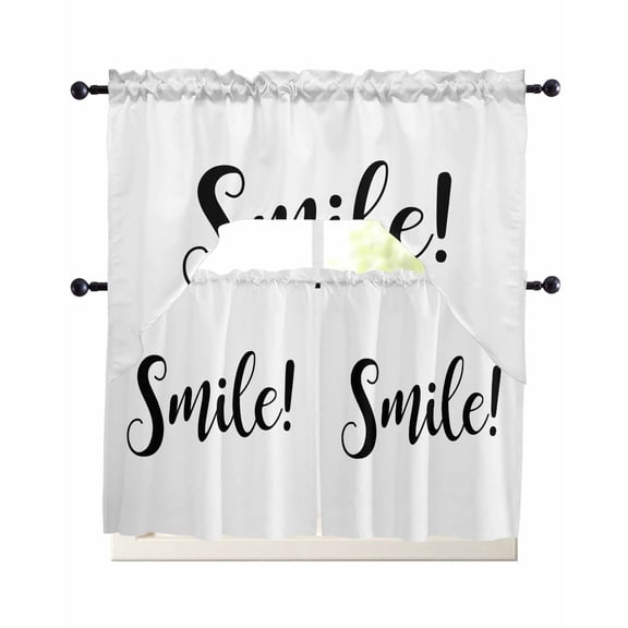 Smile Kitchen Curtains Swag Valance and Tier Curtains Set 24 Inch Length, Black Words Rod Pocket Drape Panels Pair Swag Curtain for Bathroom/Cafe/Window