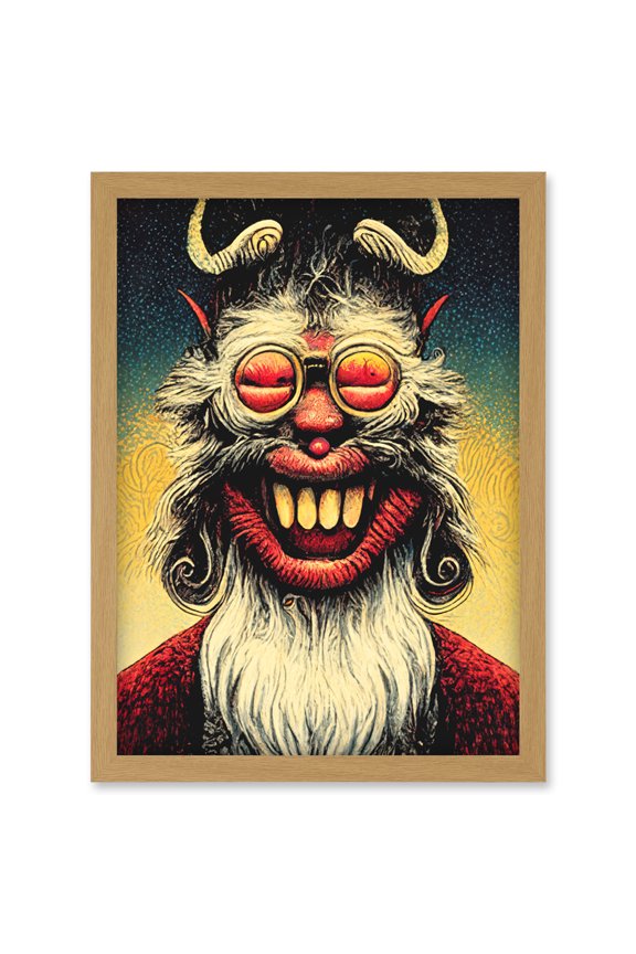 Smile Krampus With Glasses Christmas Acrylic Paint Portrait Artwork Framed Wall Art Print A4