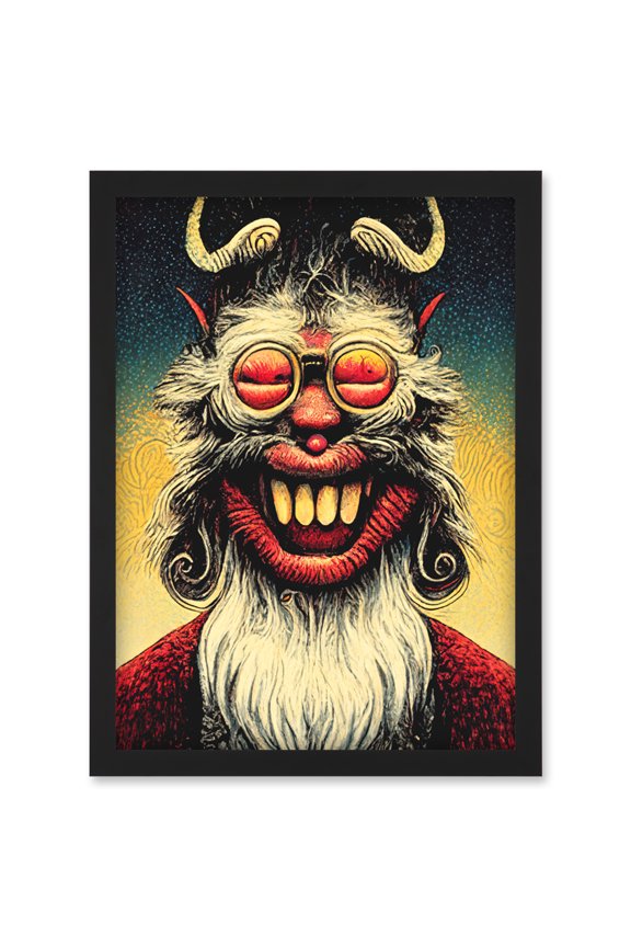 Smile Krampus With Glasses Christmas Acrylic Paint Portrait Artwork Framed Wall Art Print A4