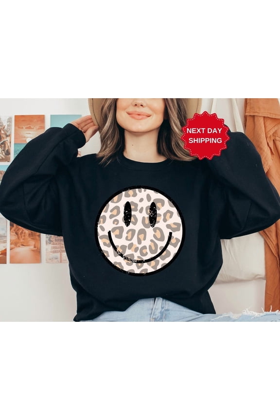 Smile Leopard Sweatshirt, Smile Face Crewneck, Trendy Smile Face Sweatshirt, Smile Face Hoodie, Positivity Sweatshirt, Women Preppy