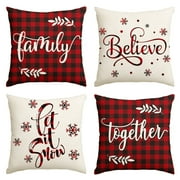 Smile Let It Snow Family Home Together Christmas Pillow Covers Buffalo Plaid 18 x 18 Inch, Set of 4 Square Winter Xmas Decorative Farmhouse Outdoor Throw Pillow Case