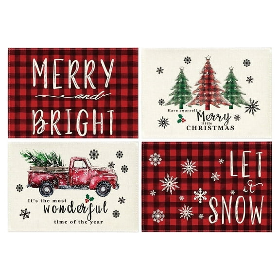 Smile Let It Snow Merry Bright Truck Christmas Placemats Set of 4, 12 x 18 Inch, Buffalo Check Plaid