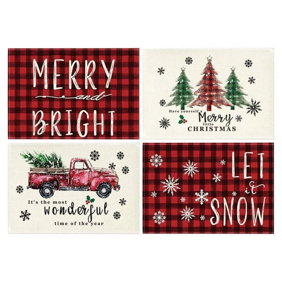 Smile Let It Snow Merry Bright Truck Christmas Placemats Set of 4, 12 x 18 Inch, Buffalo Check Plaid