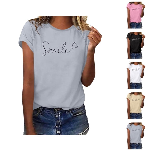 Smile Letter Graphic Tees for Women 2026 Summer Casual Short Sleeve Crewneck Mental Health Shirt Inspirational T Shirts