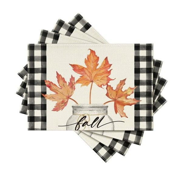 Smile Maple Leaves Fall Placemats Set of 4 for Table Runner, Seasonal Kitchen Dining Table Decoration for Indoor Party 12x18 Inch
