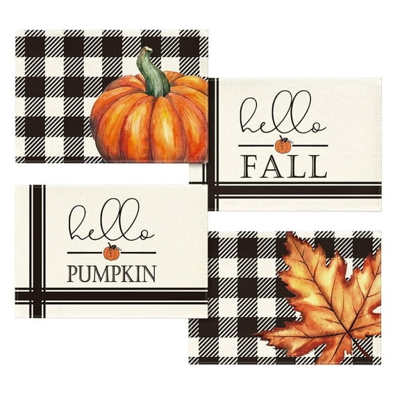 Smile Maple Leaves Hello Pumpkin Buffalo Plaid Fall Placemats 4 Set 12 x 18 Inch