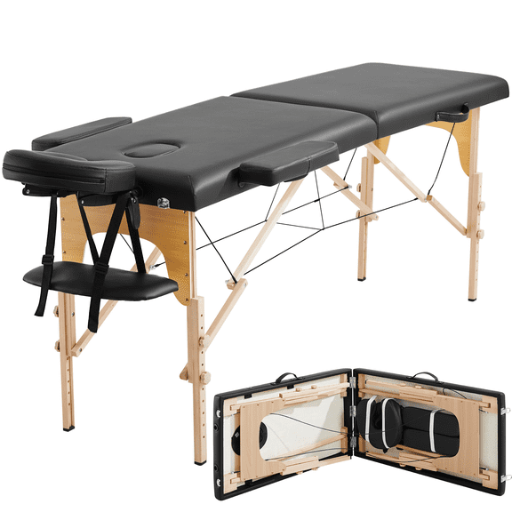 Alden Design 2 Section Adjustable and Foldable Wooden Massage Table, 84" x 30.5", Black