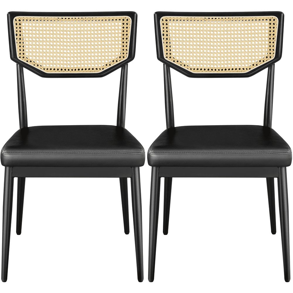 Black Faux Leather Dining Side Chairs with Rattan Backrest