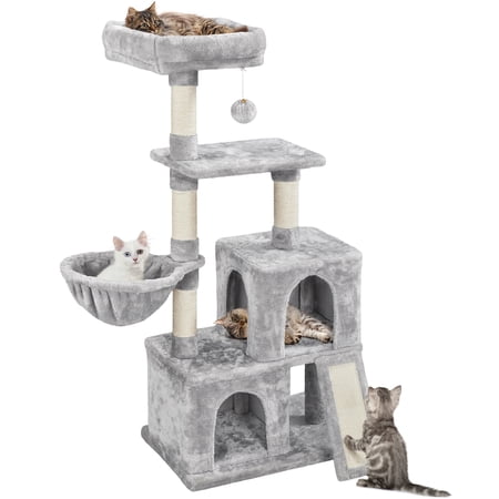 Smile Mart 53.5" H Plush Cat Tree Tower with Condo, Perch Platform & Basket, Light Gray