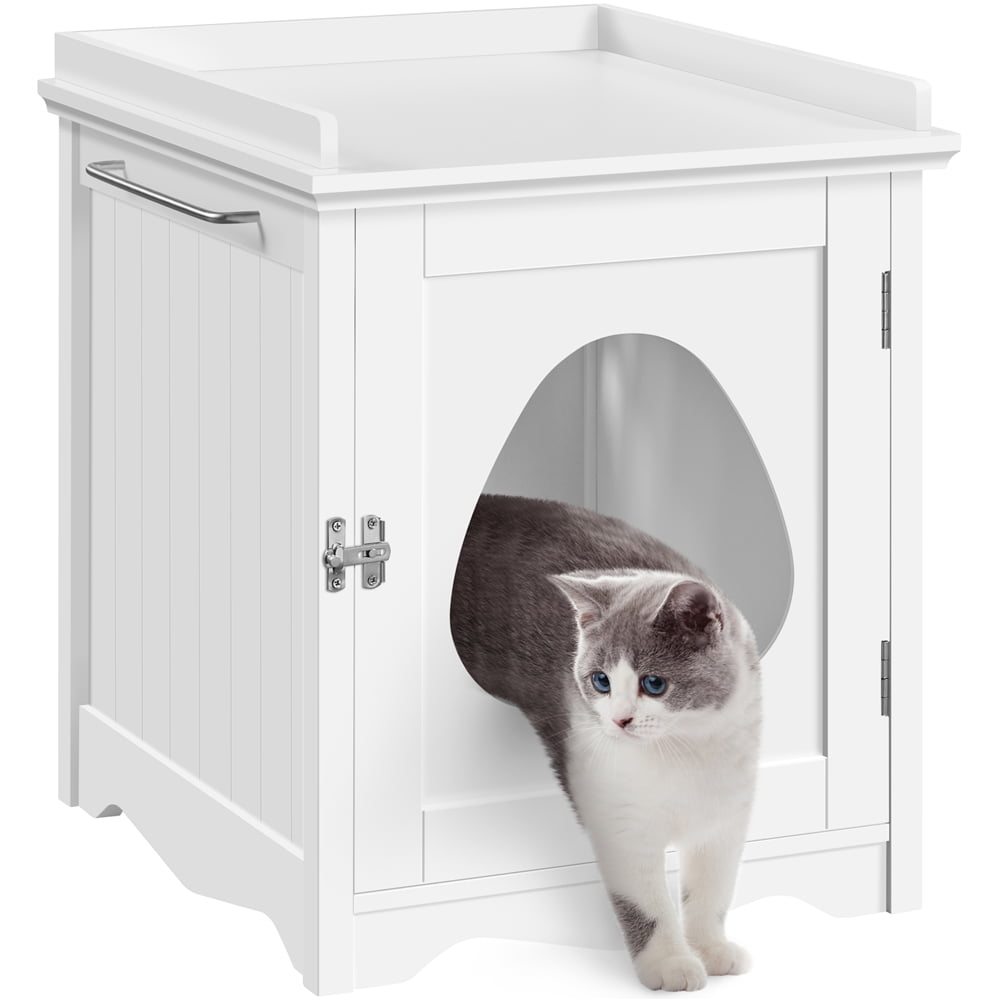 White Wooden Cat Litter Box Enclosure with Towel Bar