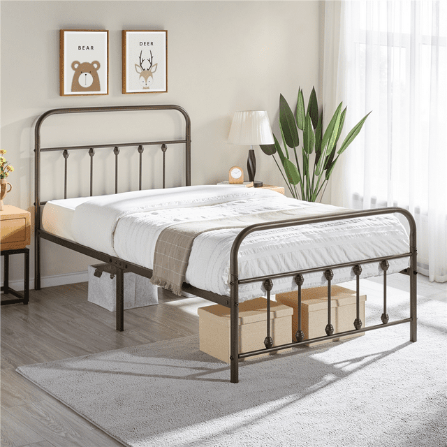 Smile Mart Metal Bed Frame with High Headboard and Footboard, Twin XL, Bronze