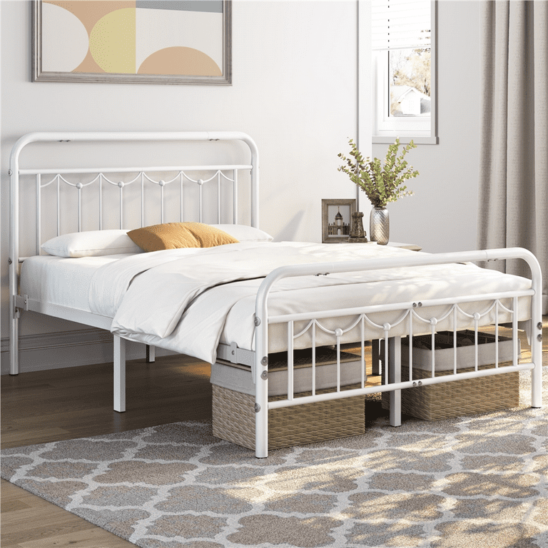 White metal platform bed frame queen cheap