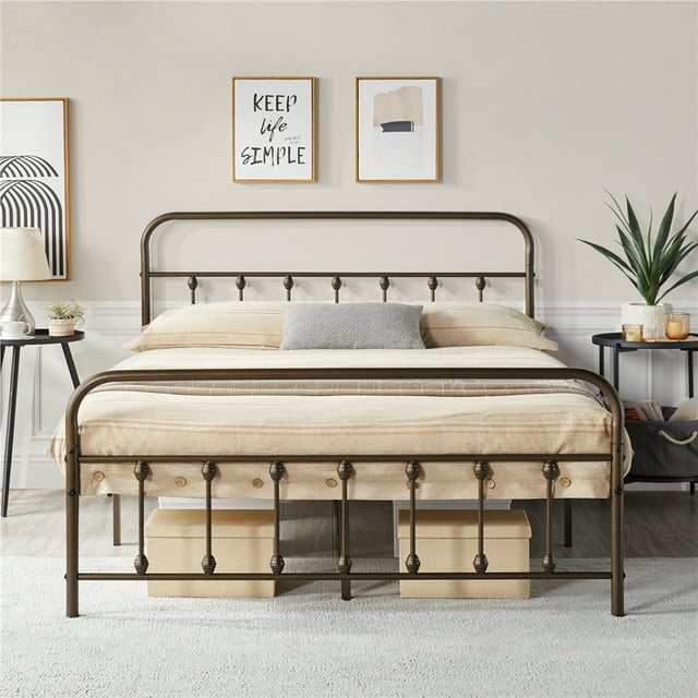 Smile Mart Metal Platform Queen Bed with High Headboard, Bronze