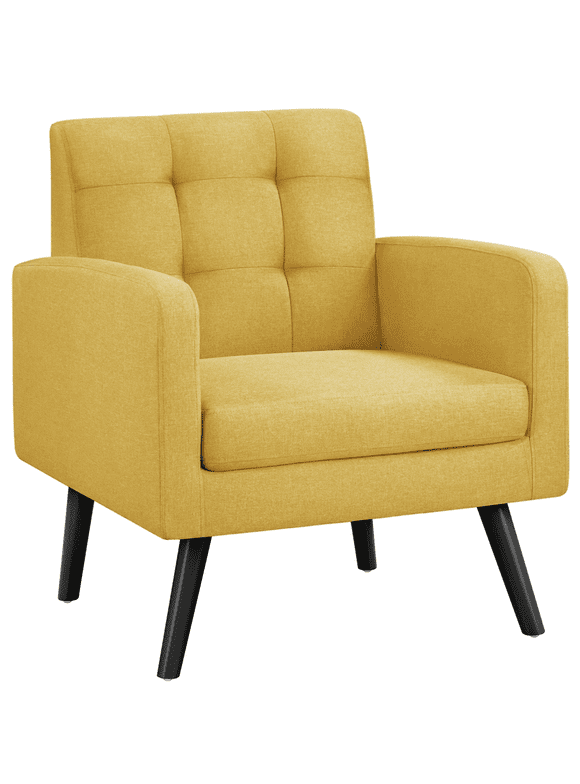 Smile Mart Modern Tufted Accent Arm Chair with Rubber Wood Leg for Living room, Yellow