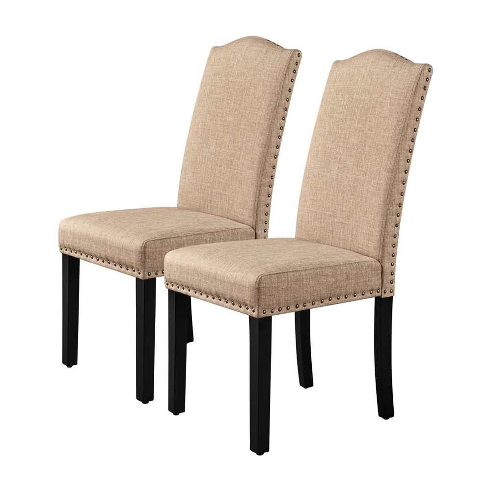 Smile Mart Tufted High Back Dining Chair with Solid Wood Legs, Set of 2, Khaki