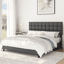 Smile Mart Upholstered Tufted Platform King Bed, Dark Gray